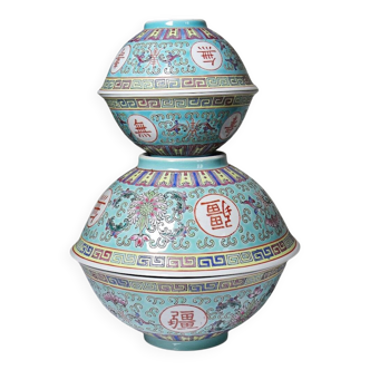 4 Chinese Wan Shou bowls in turquoise porcelain, late 20th century to early 21st century.