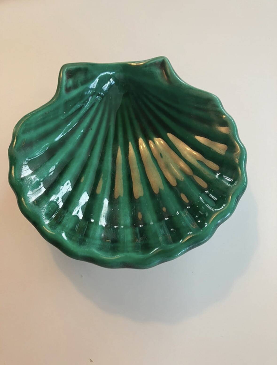 Green glazed ceramic scallop shell dish marked III