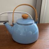 Vintage blue enamelled tin teapot with wooden handle