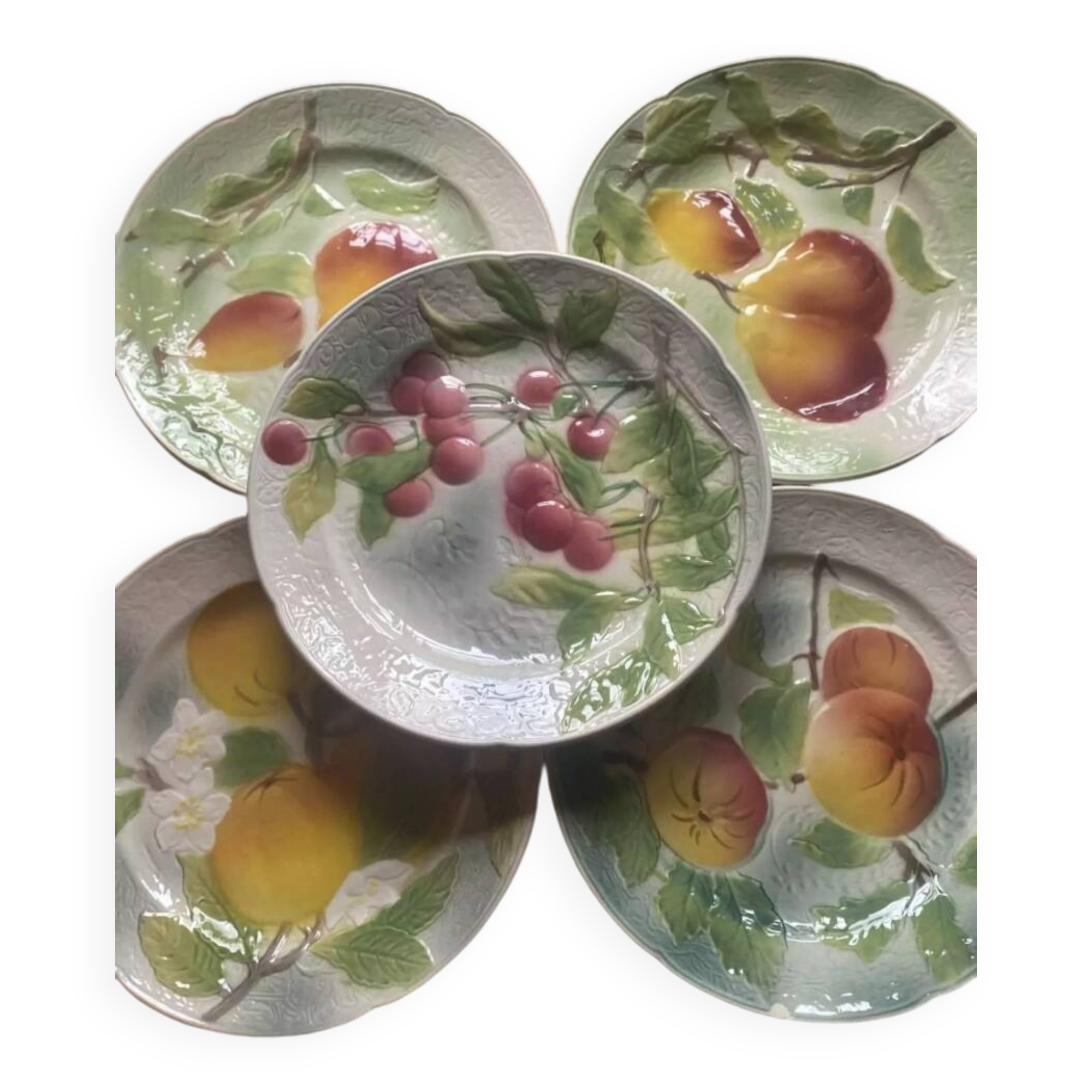 Set of 5 flat plates in Saint-Clément Barbotine earthenware with seasonal fruit motifs