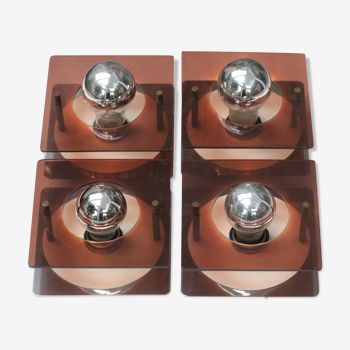 Series of 4 square wall sconces in Plexiglas and metal, 1970