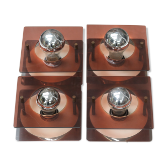 Series of 4 square wall sconces in Plexiglas and metal, 1970