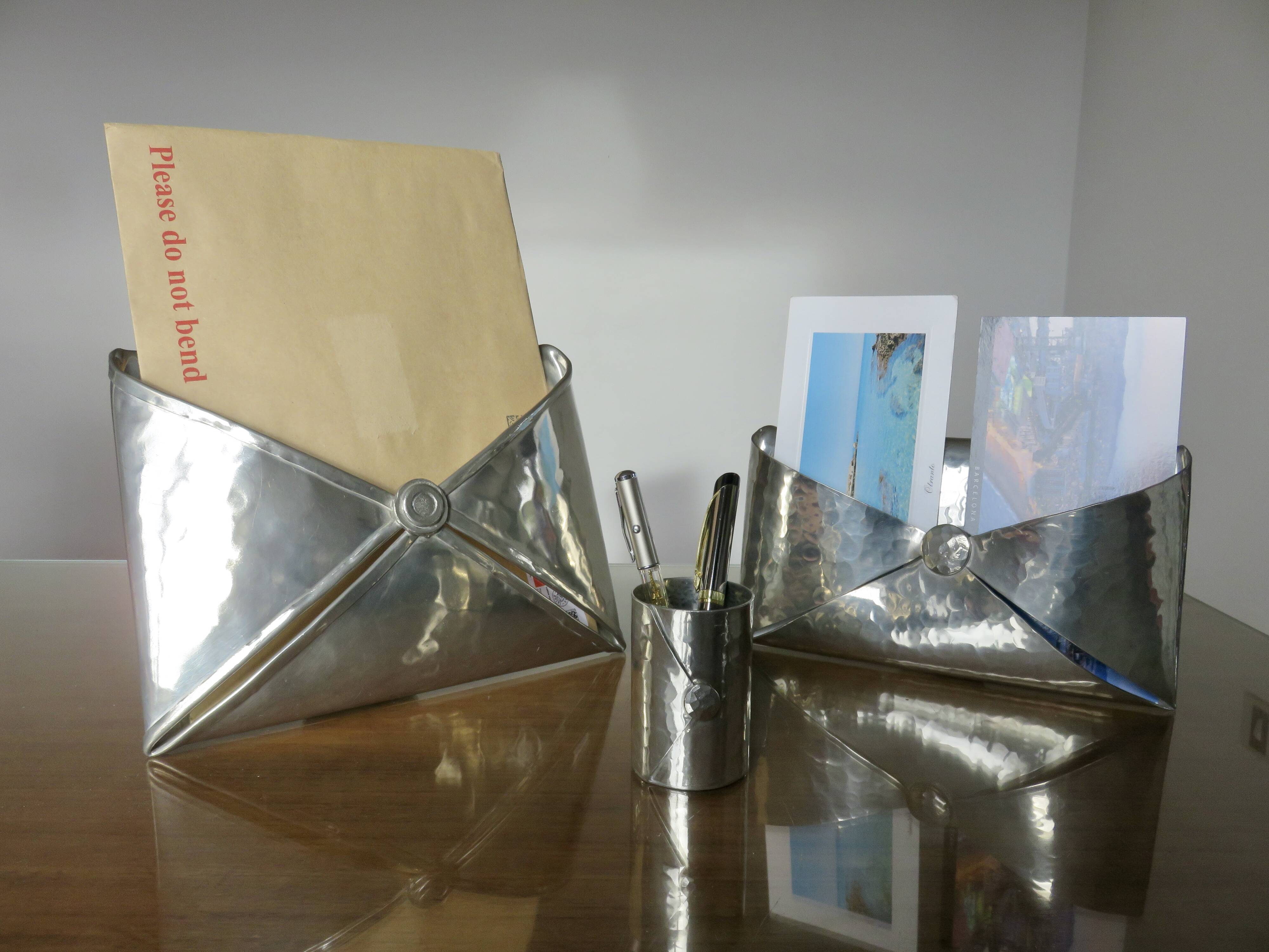 Modernist letter holder jean goardere envelope shape in shiny pewter 1970