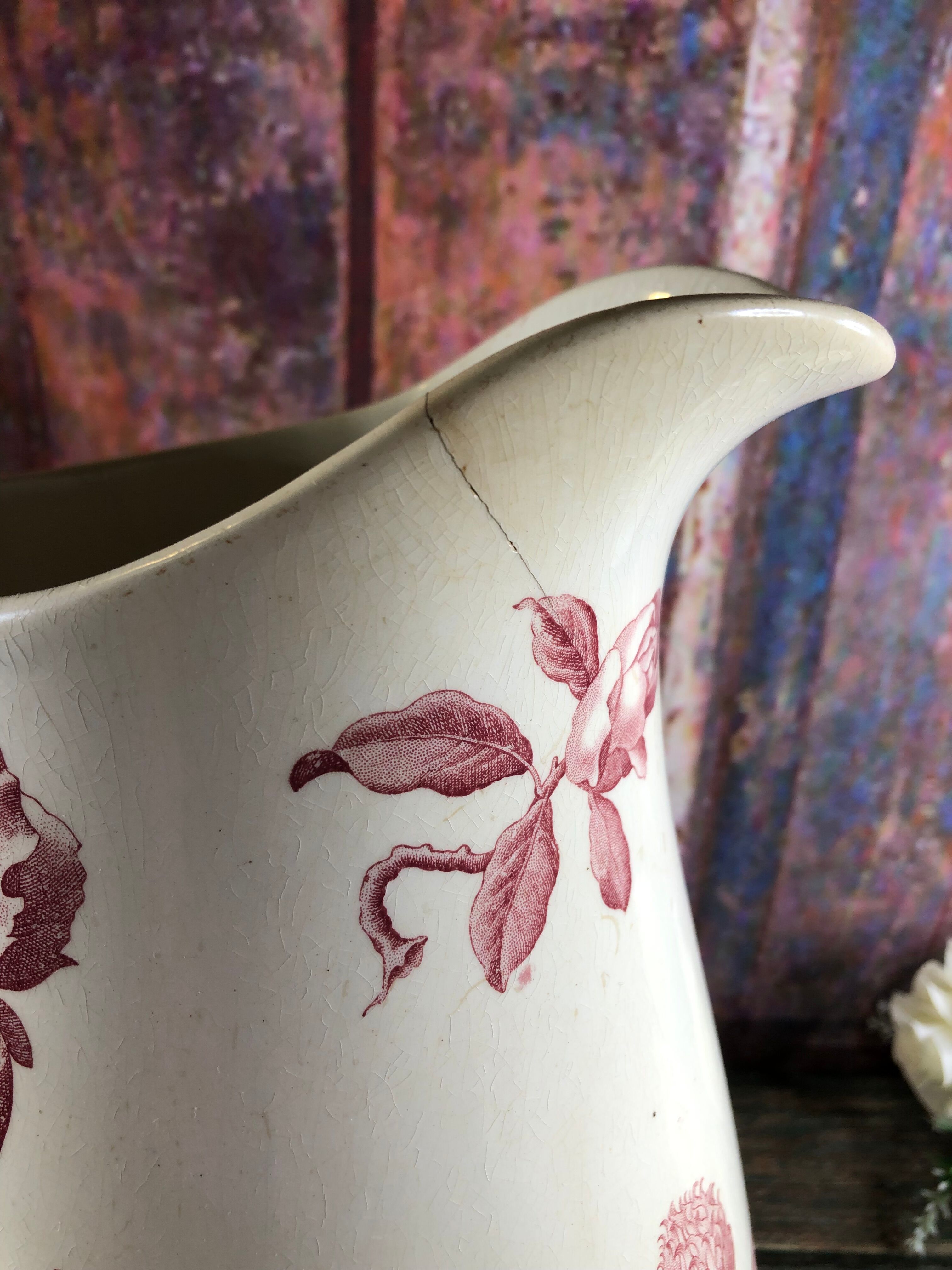 Pitcher jug or white broc decorated with pink flowers magnolia shabby chic