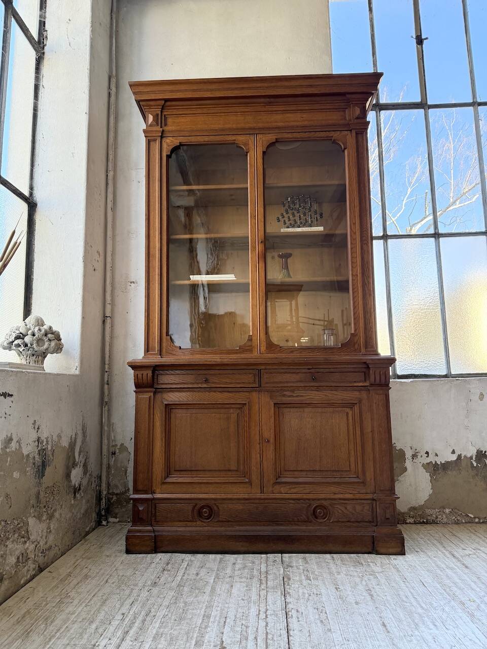 Antique XL Napoleonic oak glass bookcase, 19th century