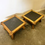 Vintage Pair of oak and slate brutalist end or coffee tables, France 1970s.