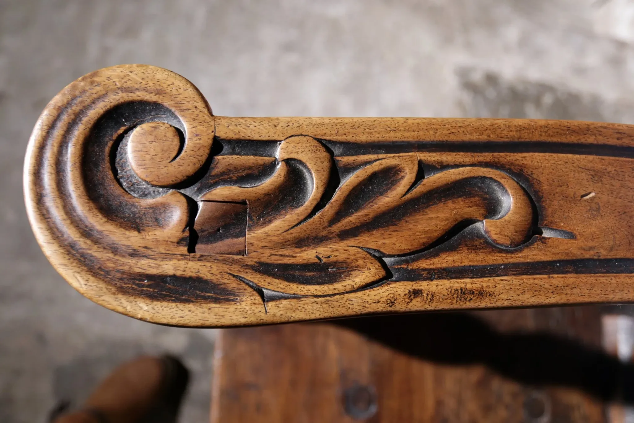 17th century Alpine carved walnut Brettstuhl armchair with grotesque mask