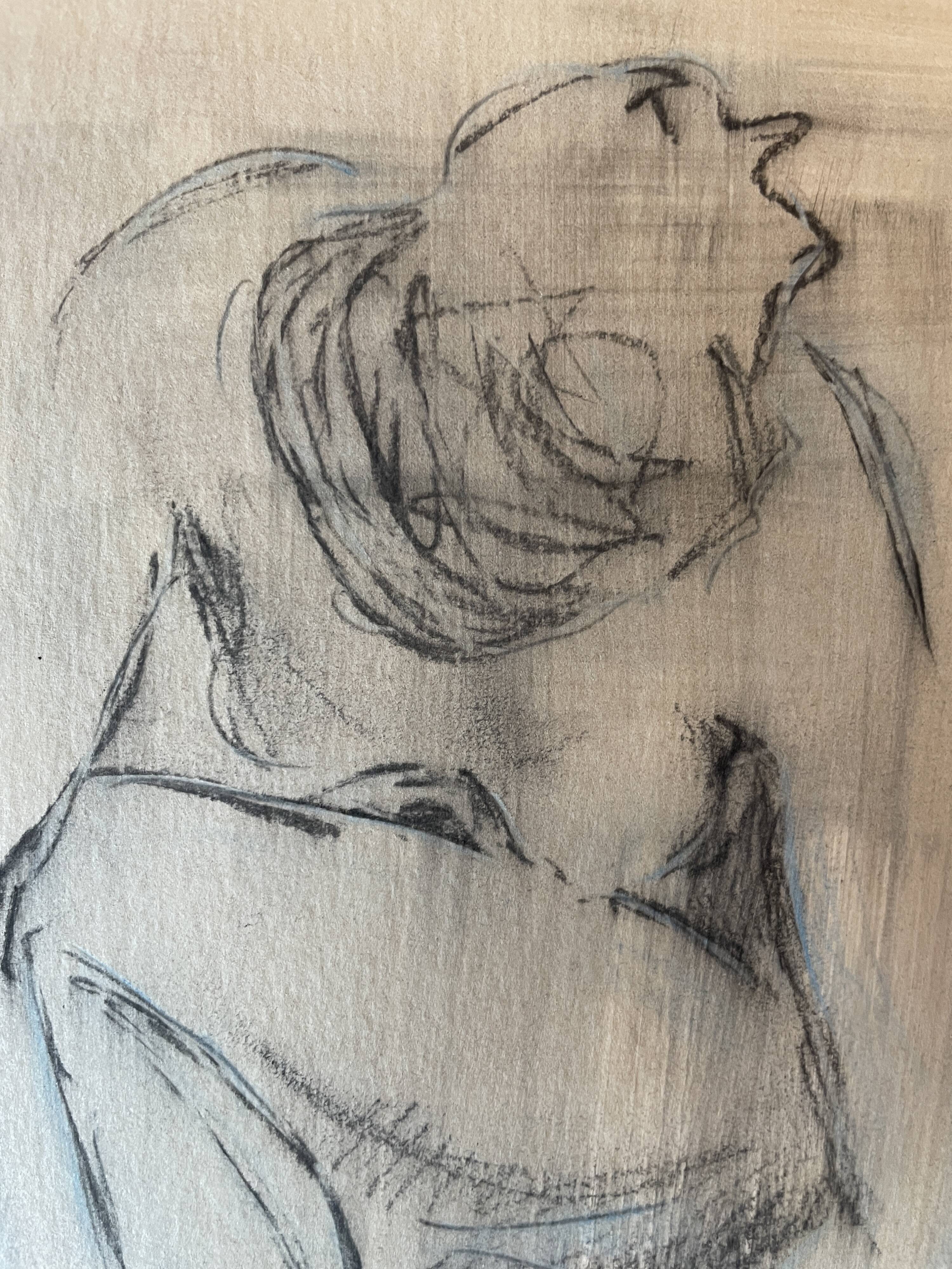 Tableau signé fusain portrait de femme accroupie