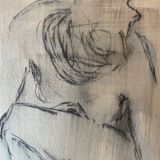 Painting signed charcoal portrait of crouching woman