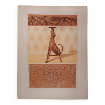 Art nouveau lithograph dog candlestick and bees – M.P. Verneuil, 1897
