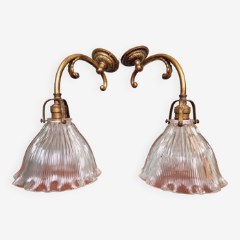 Pair of wall lights in bronze and grooved glass Holophane