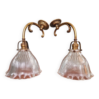 Pair of wall lights in bronze and grooved glass Holophane