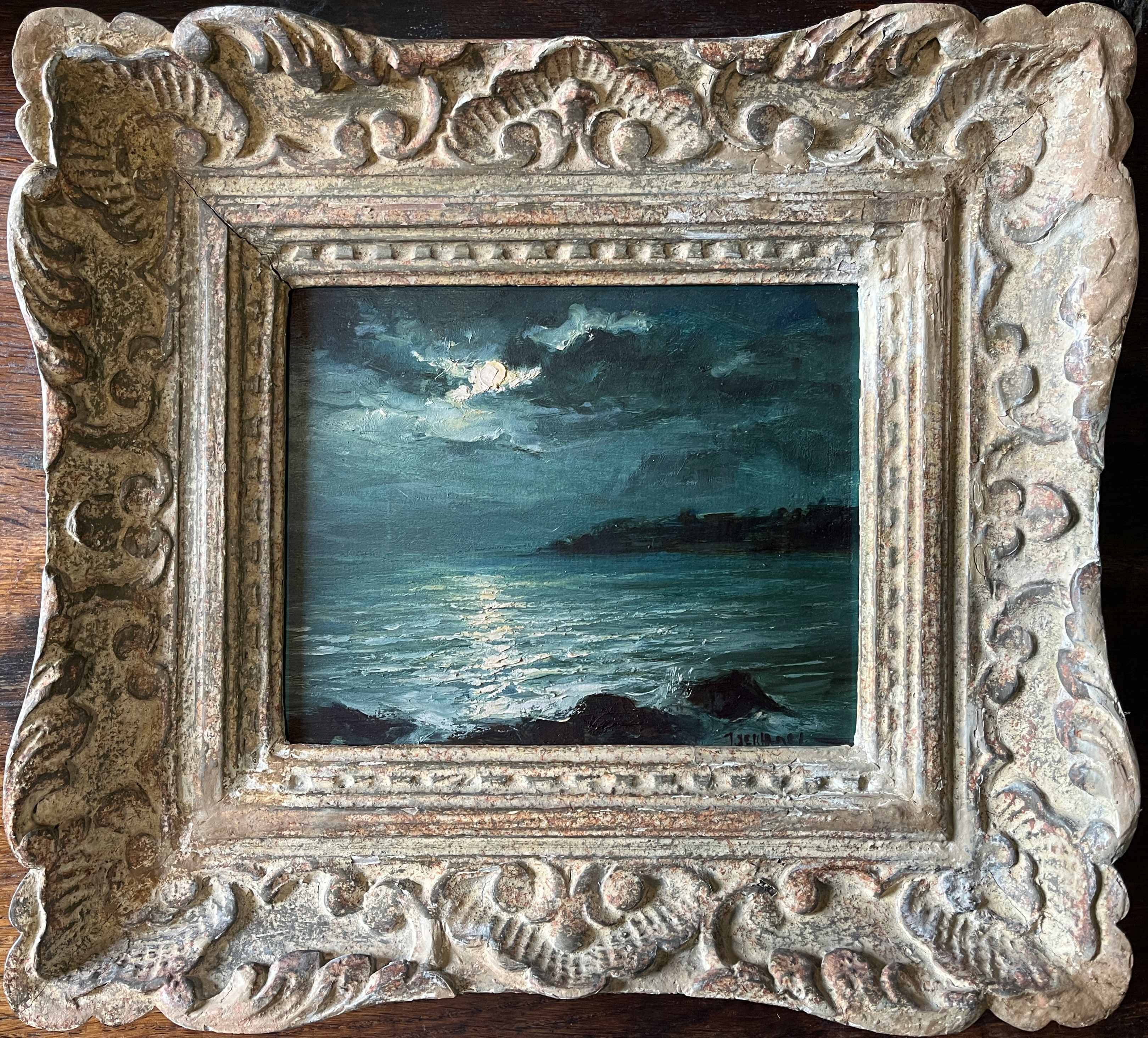 Tableau HSP "clair de lune" Marine signée + cadre (éc. début XX°)