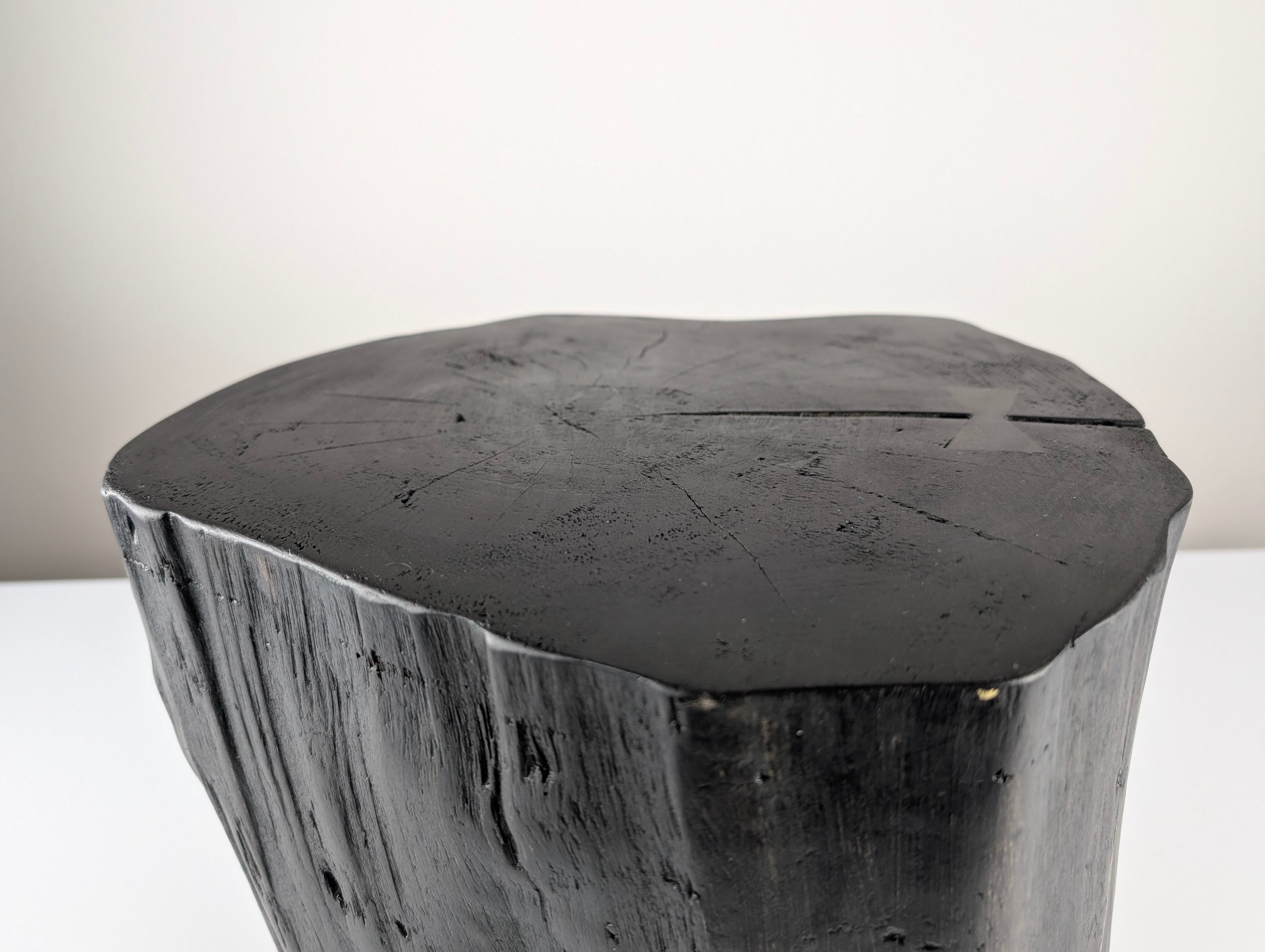 Wabi-Sabi black ebonised wood stool with butterfly joints