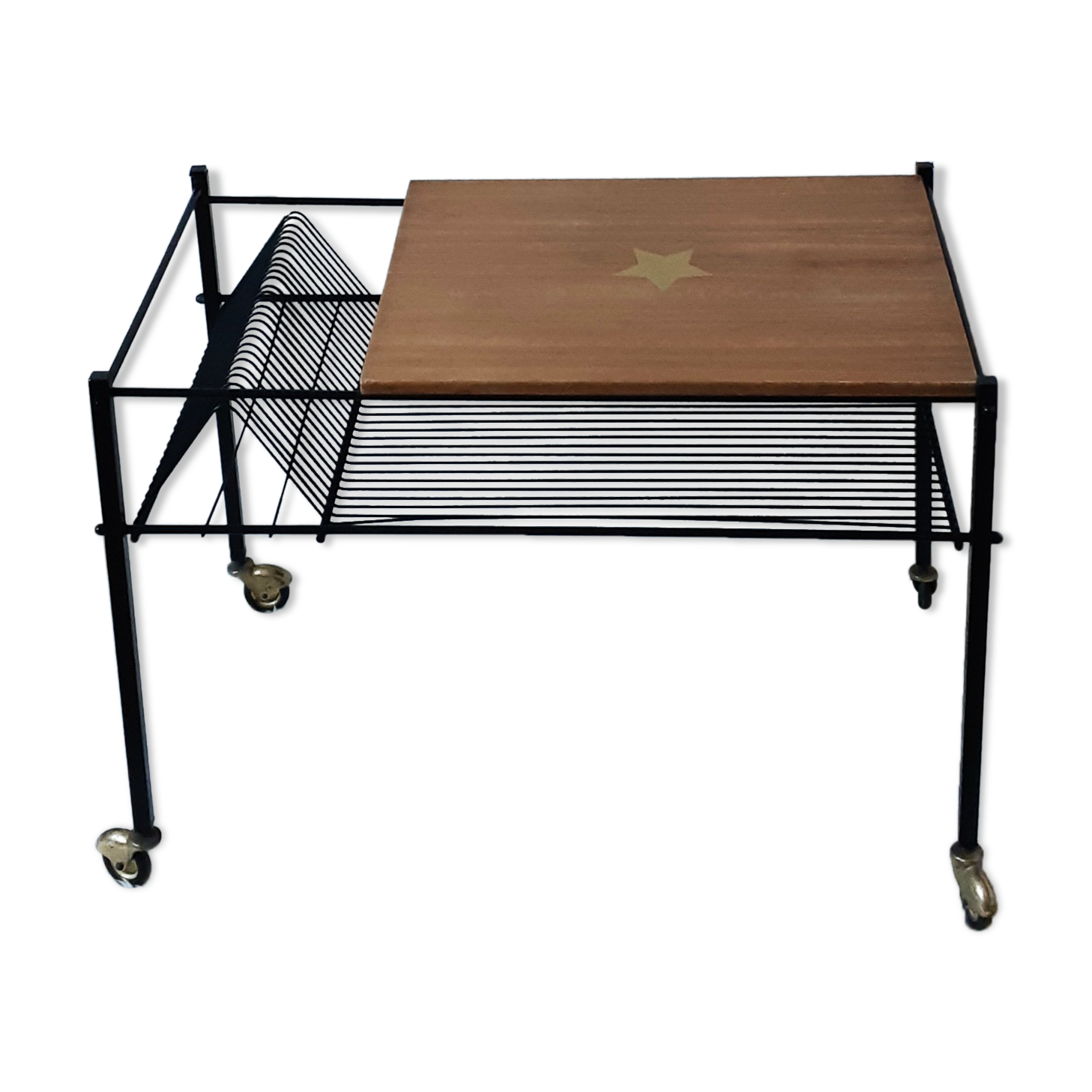 Table has record player, wearing vintage discs