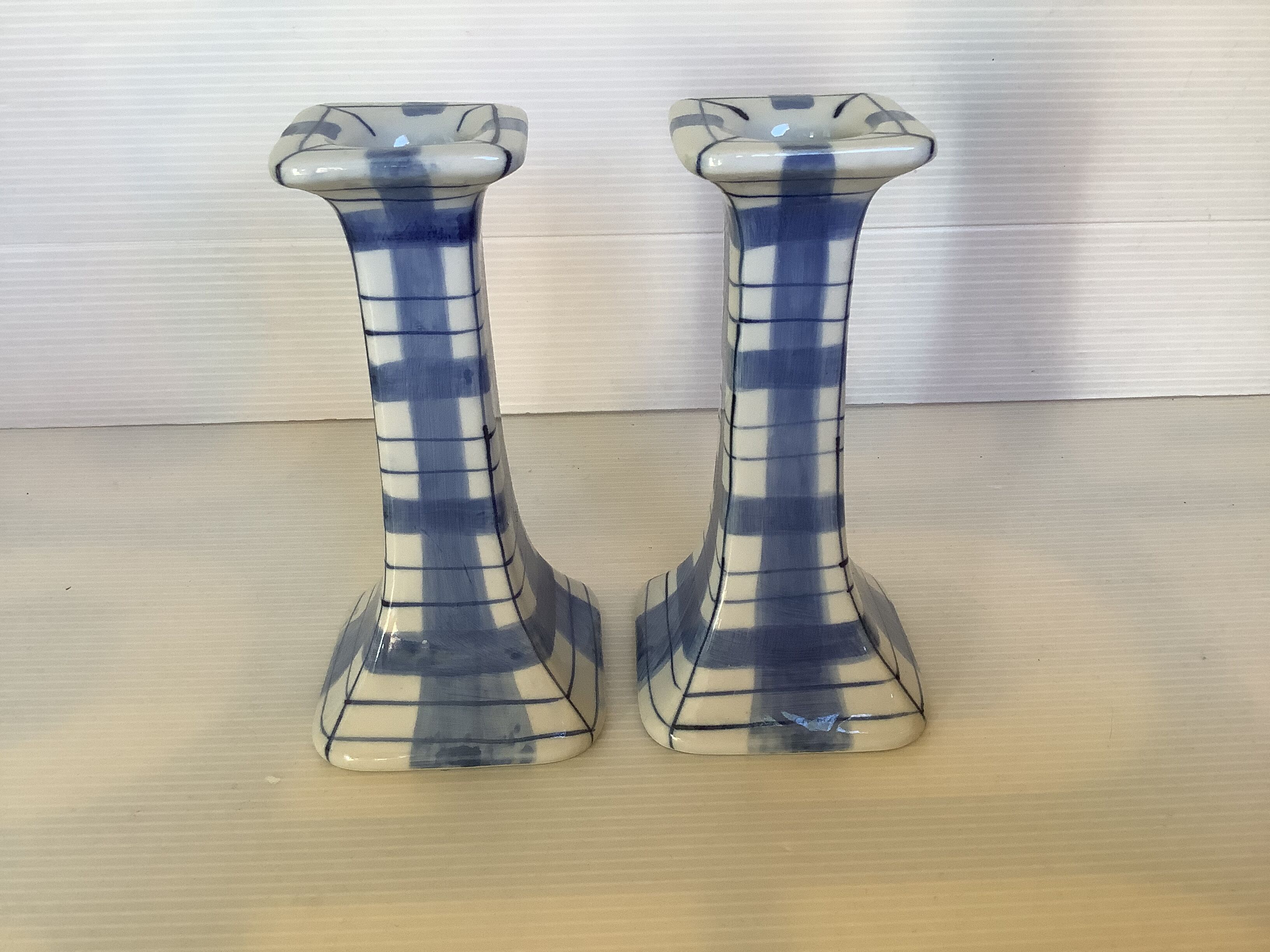 Pair of candlesticks patterns dish towels blue tiles