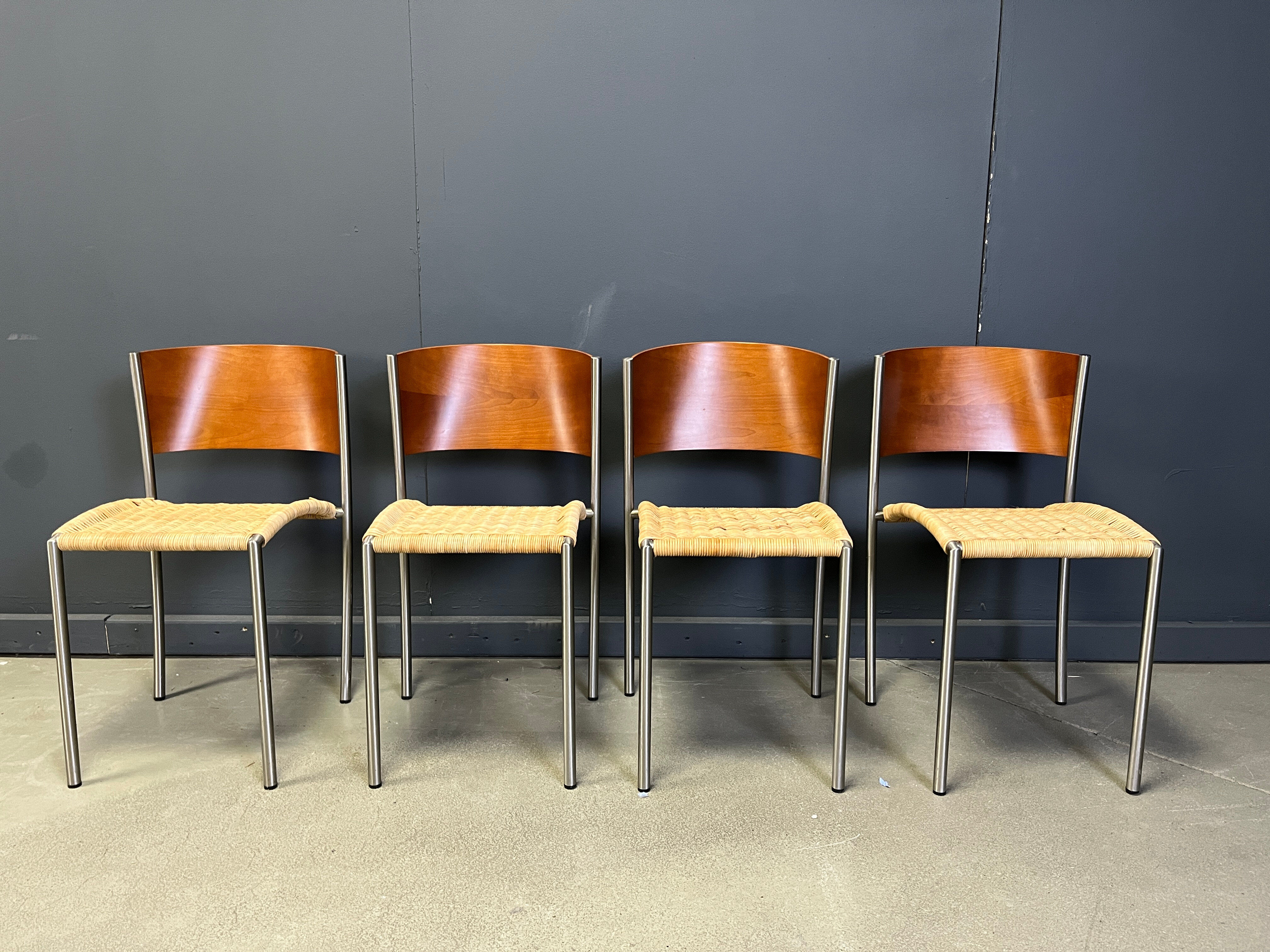 Chaises de salle à manger vintage en osier et chrome, années 1980