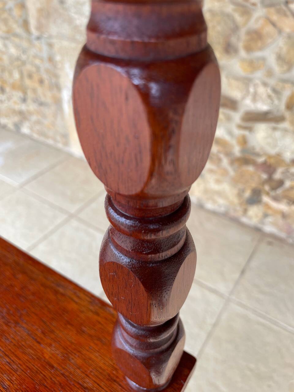 Vintage 5-tier turned wood shelf on legs.