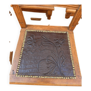Set of 6 antique turned wooden chairs with embossed leather seats.