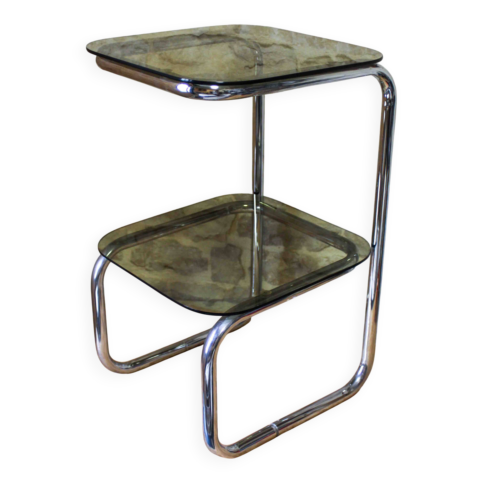 Chrome metal and smoked glass side table.