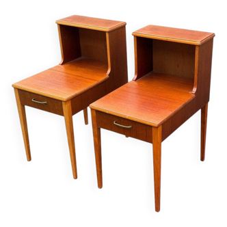 Set of 2 Scandinavian teak bedside tables with double tops, 1965