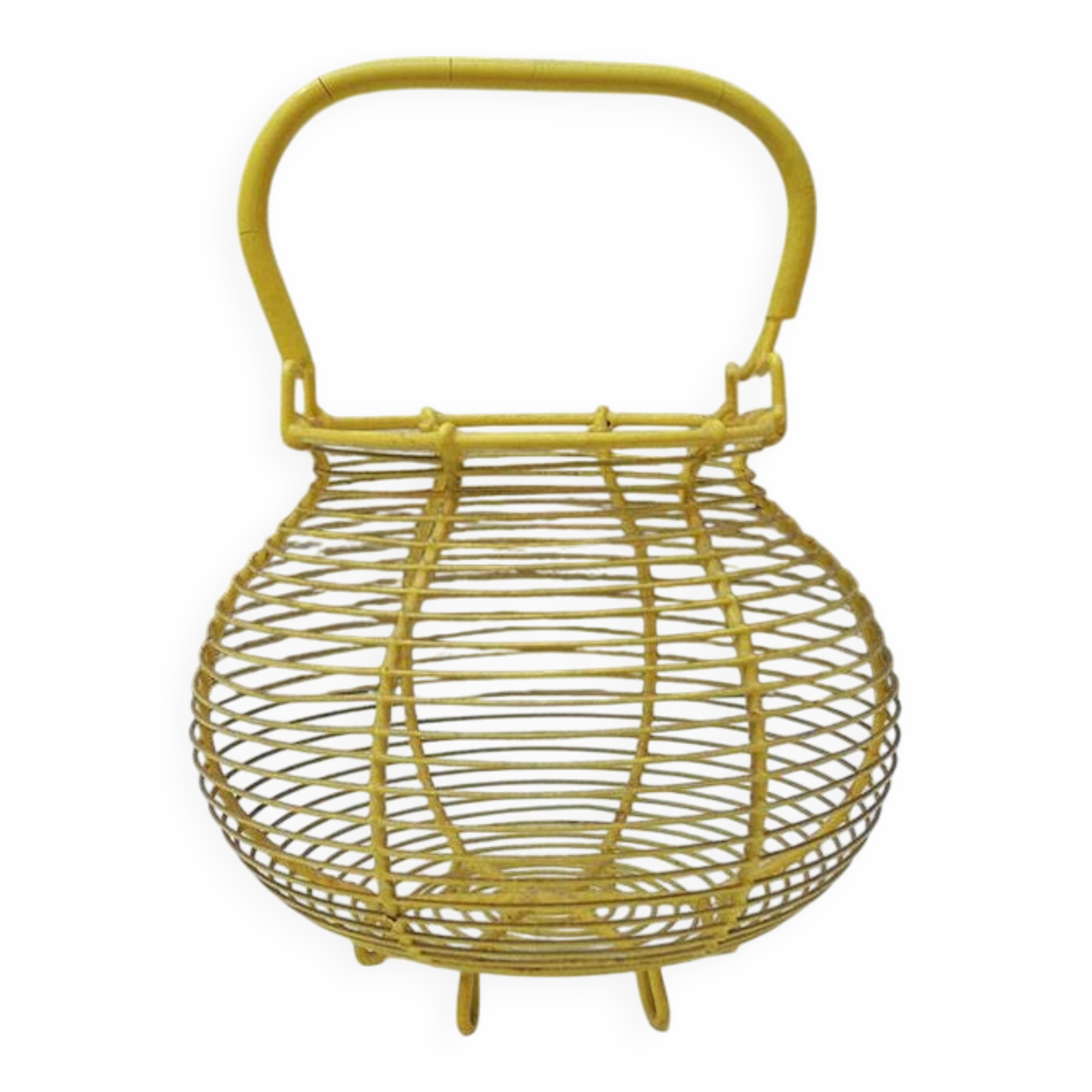 Old yellow painted metal egg basket