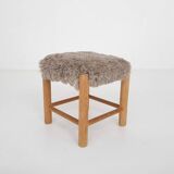 Mid-century wooden stool with fake-fur upholstery, Denmark 1960's