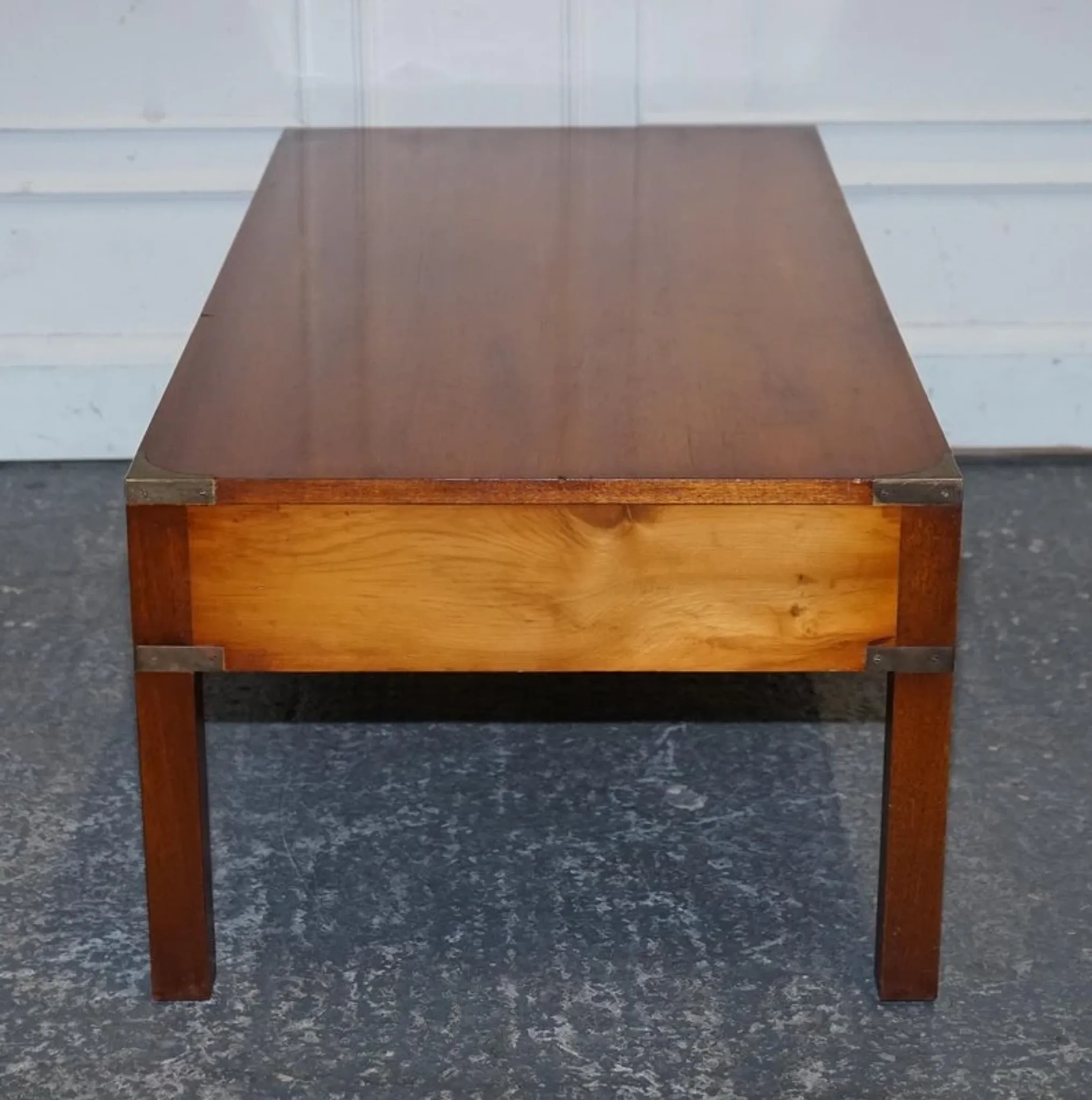 Vintage Military Campaign Coffee Table in Yew Wood and Brass