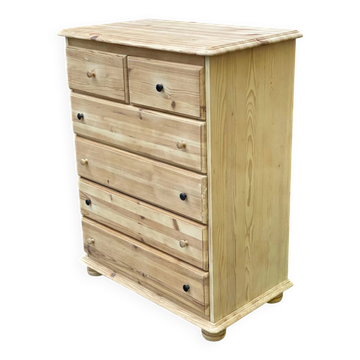 Commode haute chiffonnier scandinave décapé en pin massif 1980
