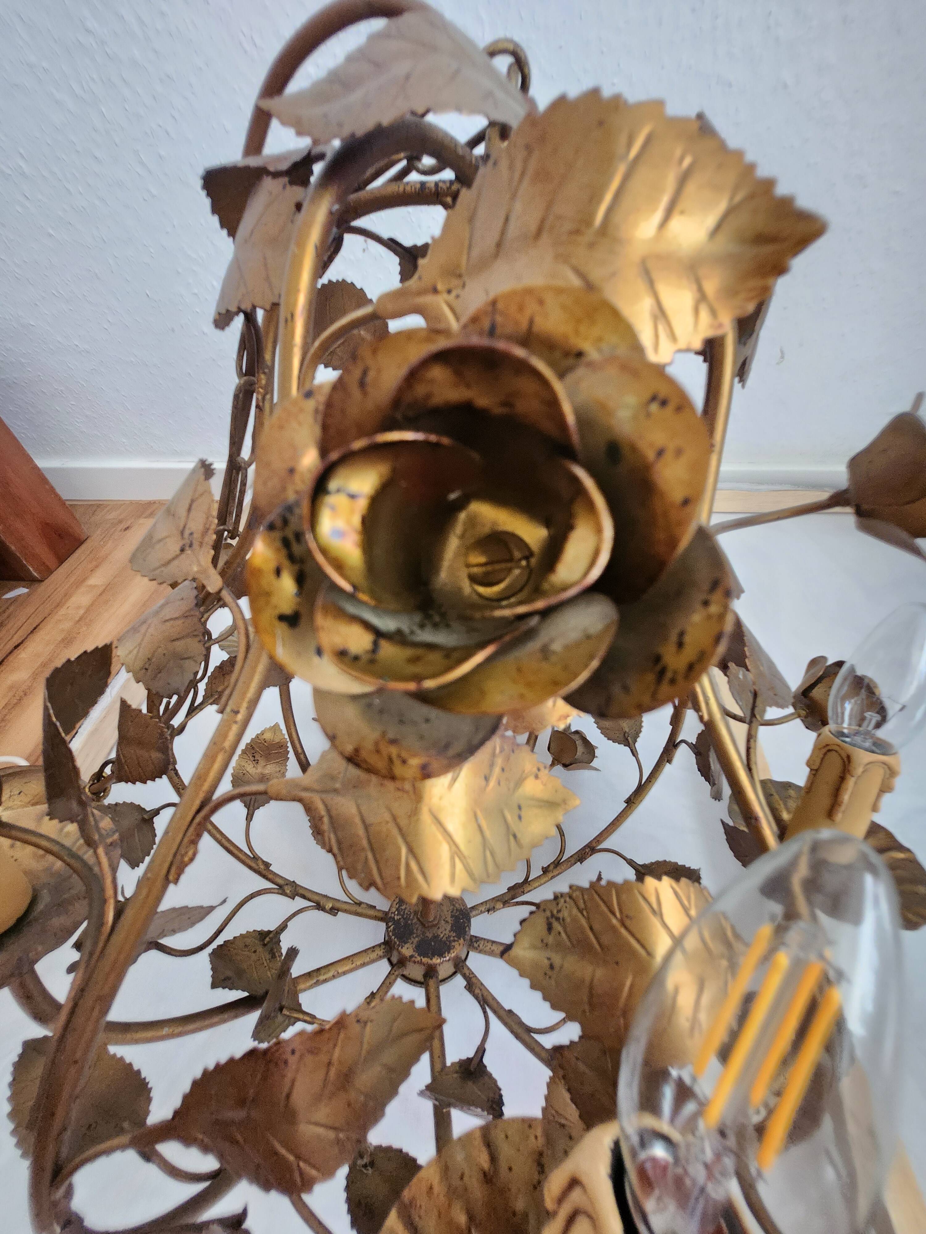Chandelier hand-forged Hollywood Regency rose leaf decorations