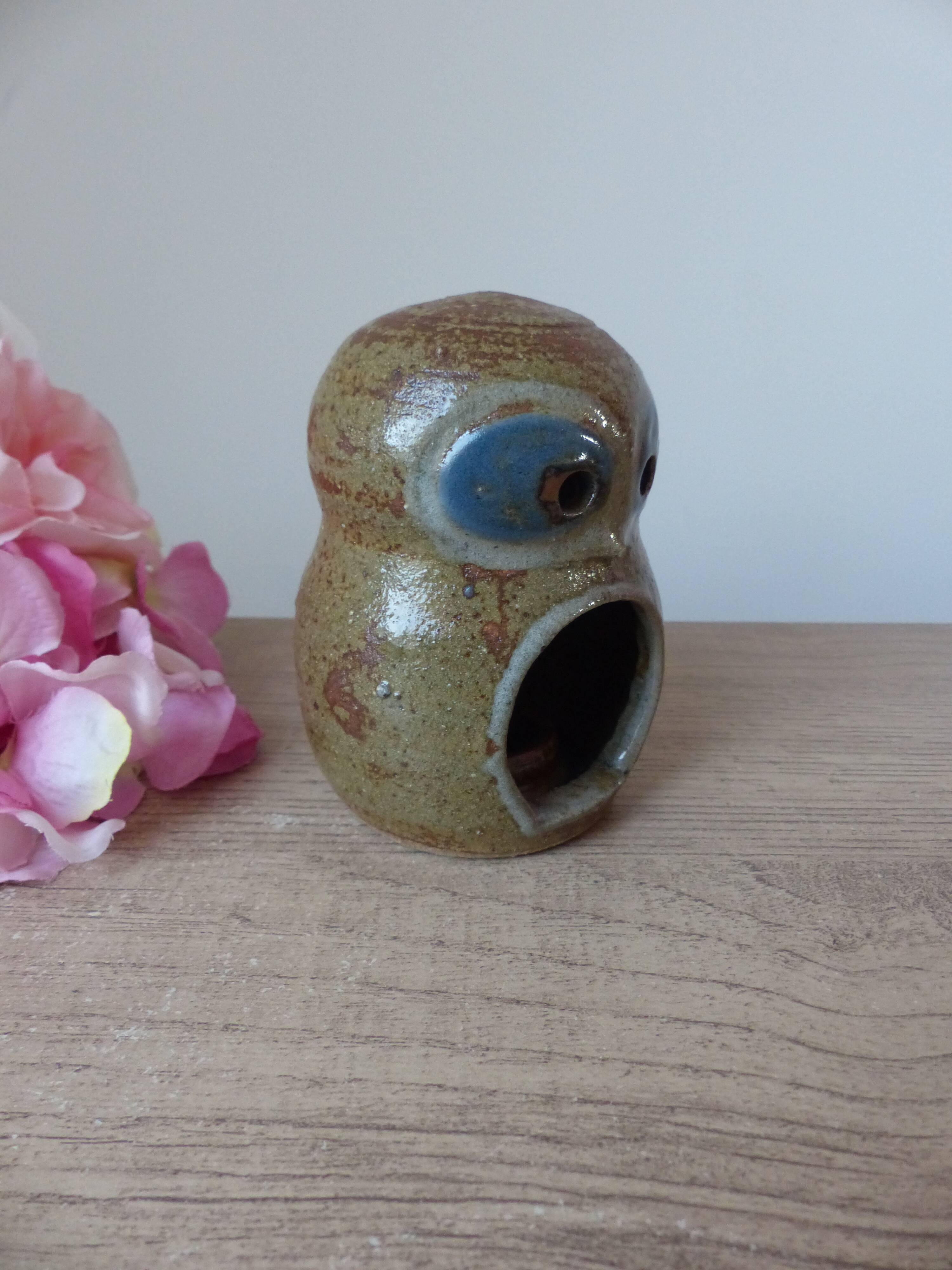 Pyrite Stoneware Owl Candle Holder, Vintage Pottery Owl Fragrance Burner