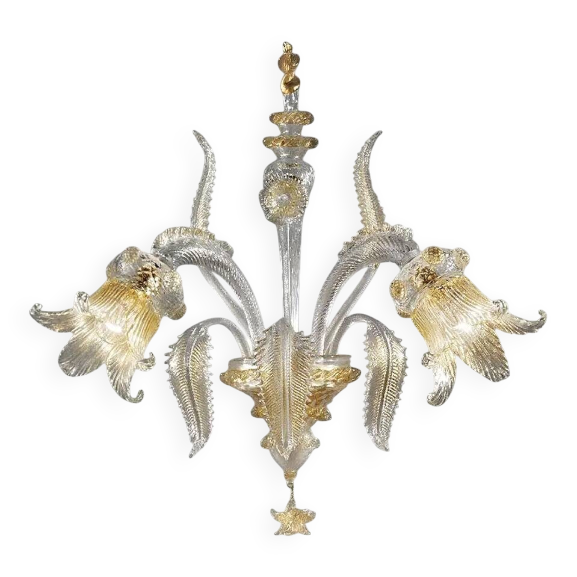 Luxury Italian Clear and Gold-Leaf Wall Sconce R With Flowers and Leaves Mu