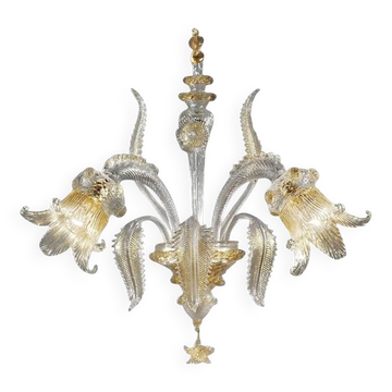 Luxury Italian Clear and Gold-Leaf Wall Sconce R With Flowers and Leaves Mu