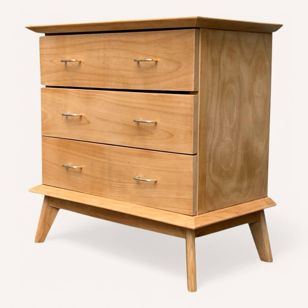 Vintage chest of drawers with compass feet, solid raw beech, 1960s