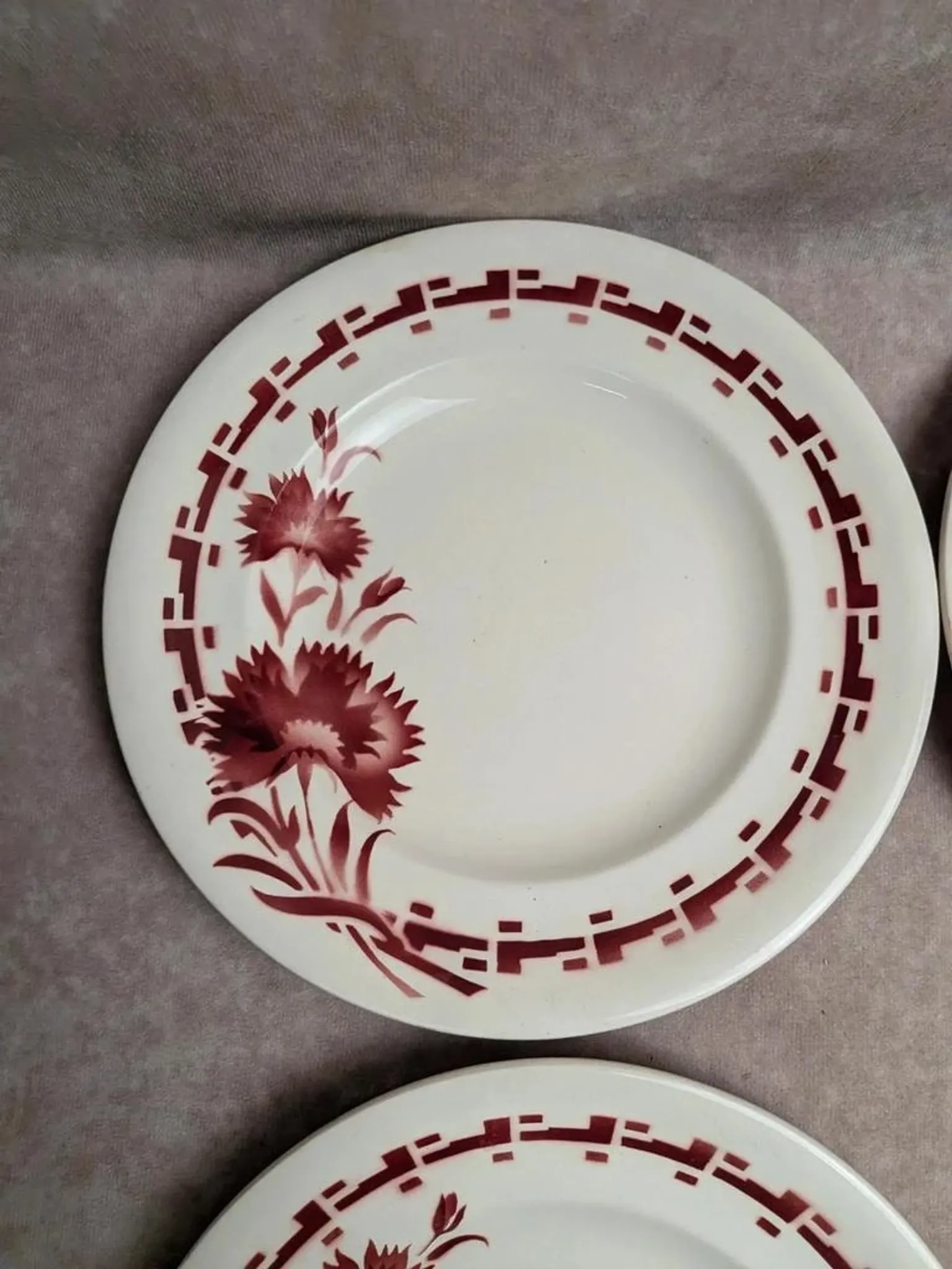 Set of 6 flat plates in ironstone Longwy – Viennese model – Red flowers