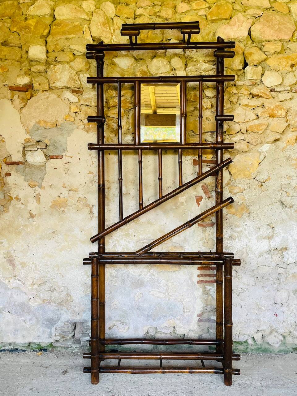 Vestiaire d’entree vintage en bambou avec miroir circa 1920’s