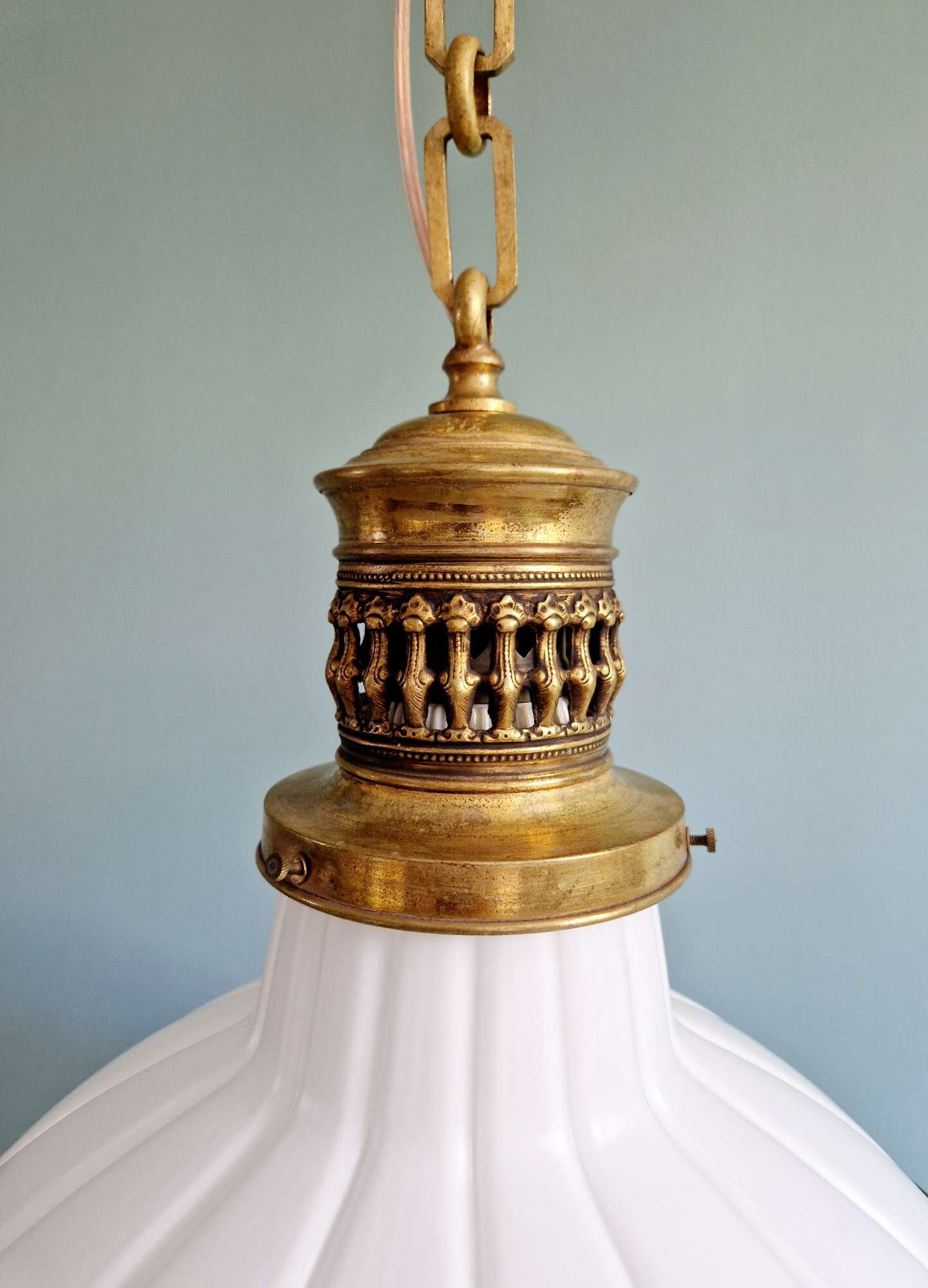 Large Art Deco pendant light in milky glass and brass, 1920