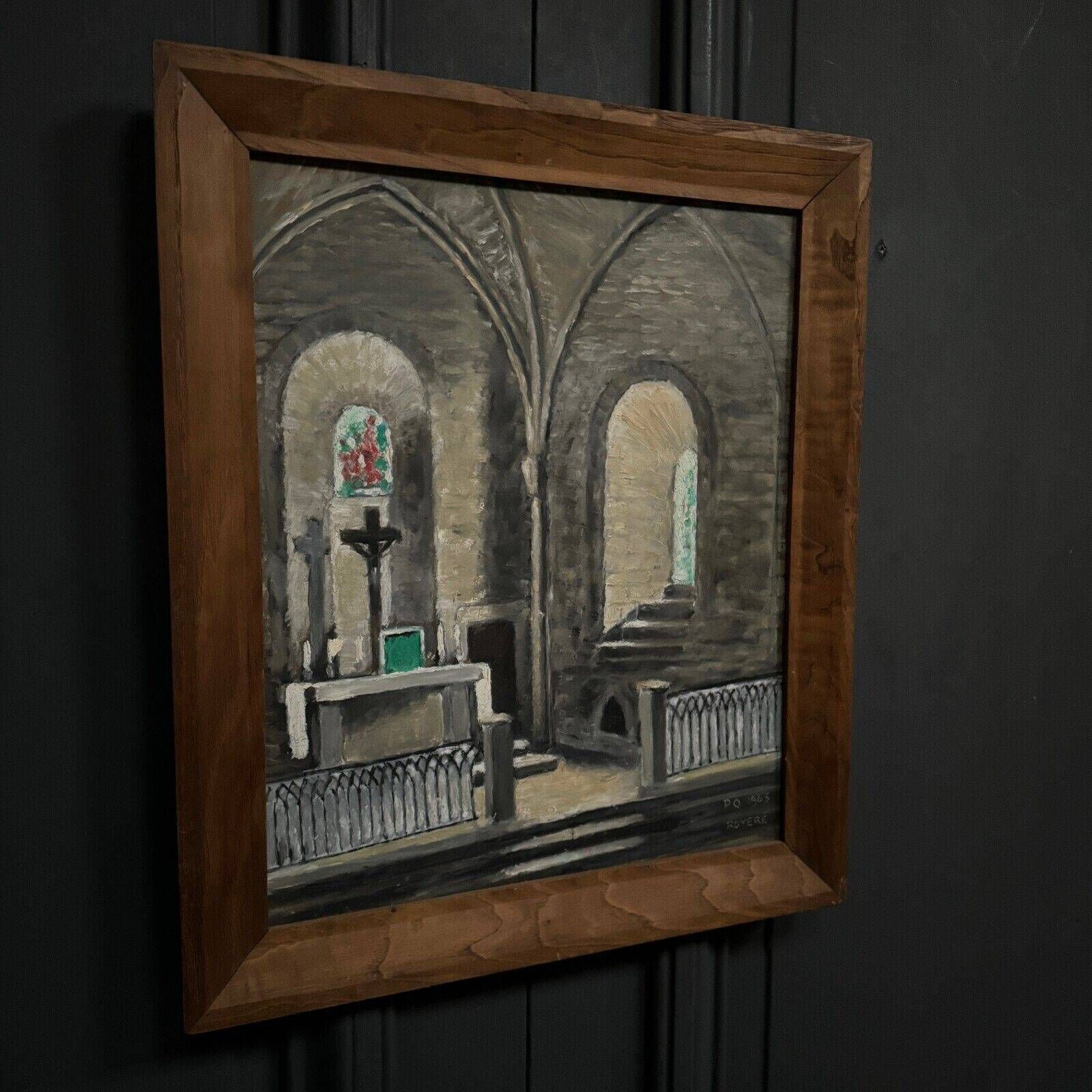 Oil on hardboard interior of a Breton church by PQ Royere 1965