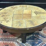 Beech coffee table with ceramic top, herbarium decoration by Raymonde Leduc Vallauris