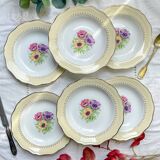 6 vintage porcelain soup plates with white and golden yellow floral pattern L'Amandinoise "Coopélia"
