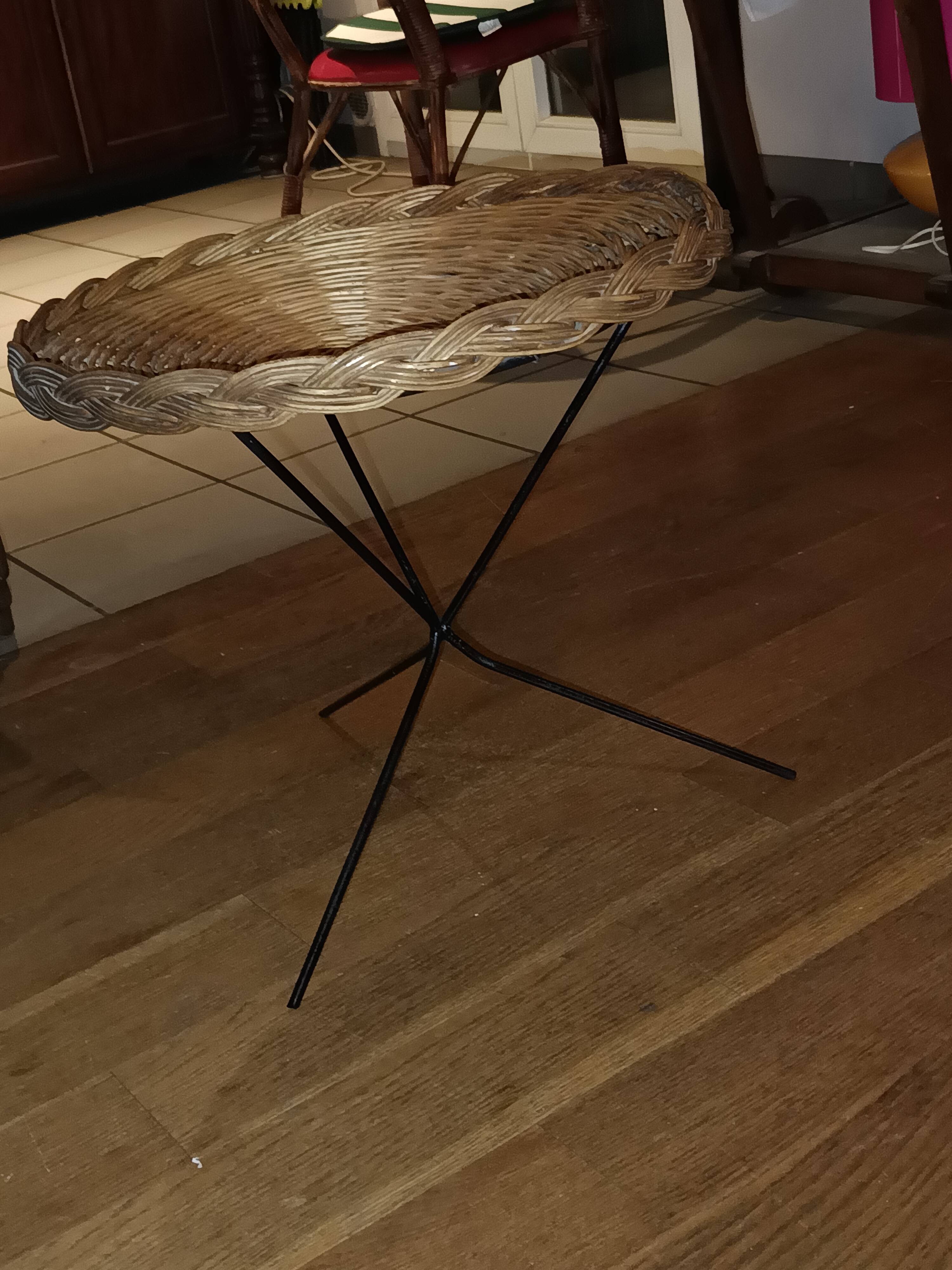 vintage wicker gueridon with a black metal tripod base from the 1960s