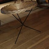 vintage wicker gueridon with a black metal tripod base from the 1960s