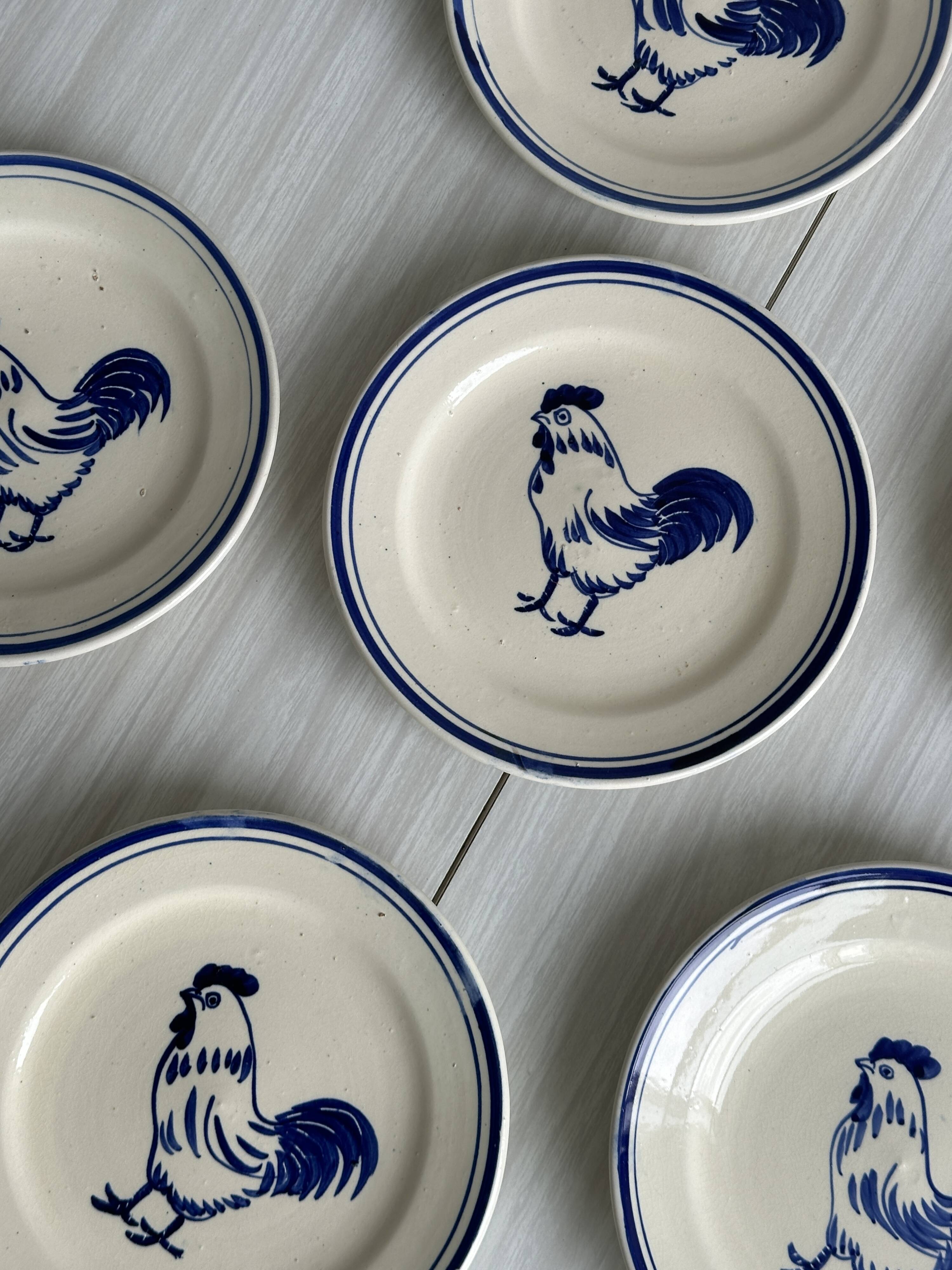 Set of 6 hand painted plates with rooster motif