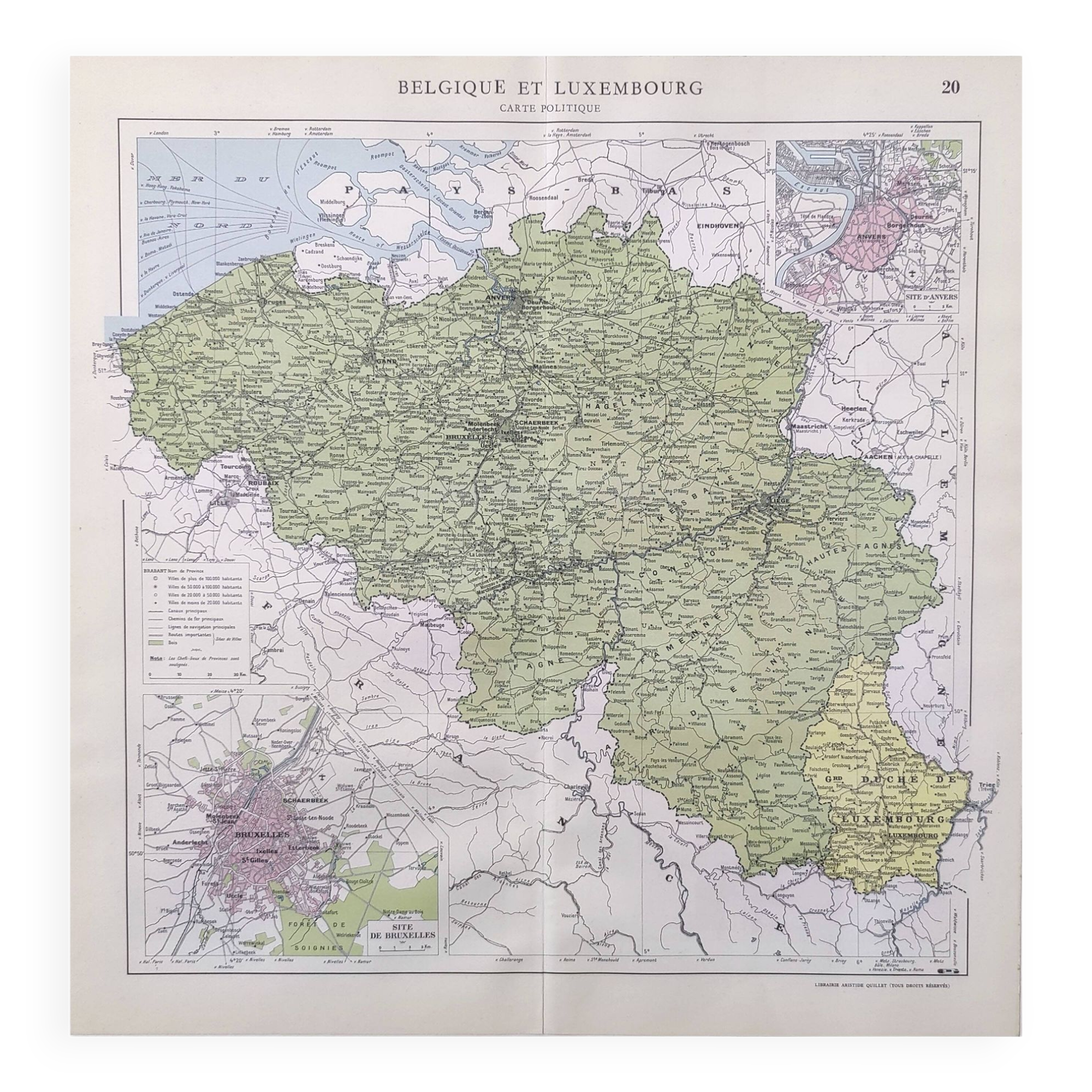 Carte vintage de la Belgique et Luxembourg 43x43cm de 1950