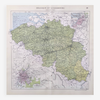 Carte vintage de la Belgique et Luxembourg 43x43cm de 1950