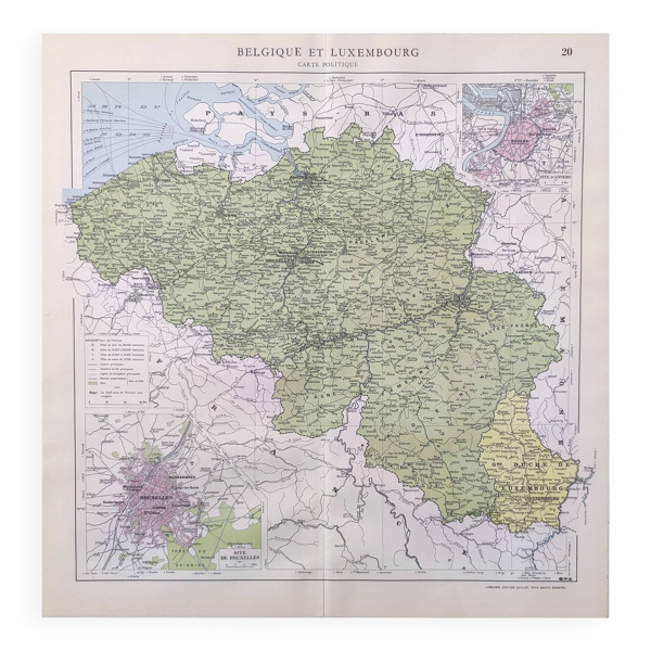Carte vintage de la Belgique et Luxembourg 43x43cm de 1950