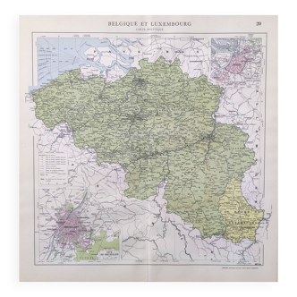 Carte vintage de la Belgique et Luxembourg 43x43cm de 1950