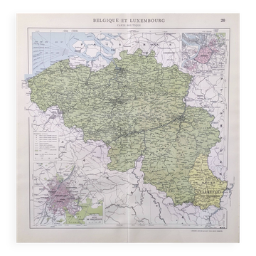 Vintage map of Belgium and Luxembourg 43x43cm from 1950.