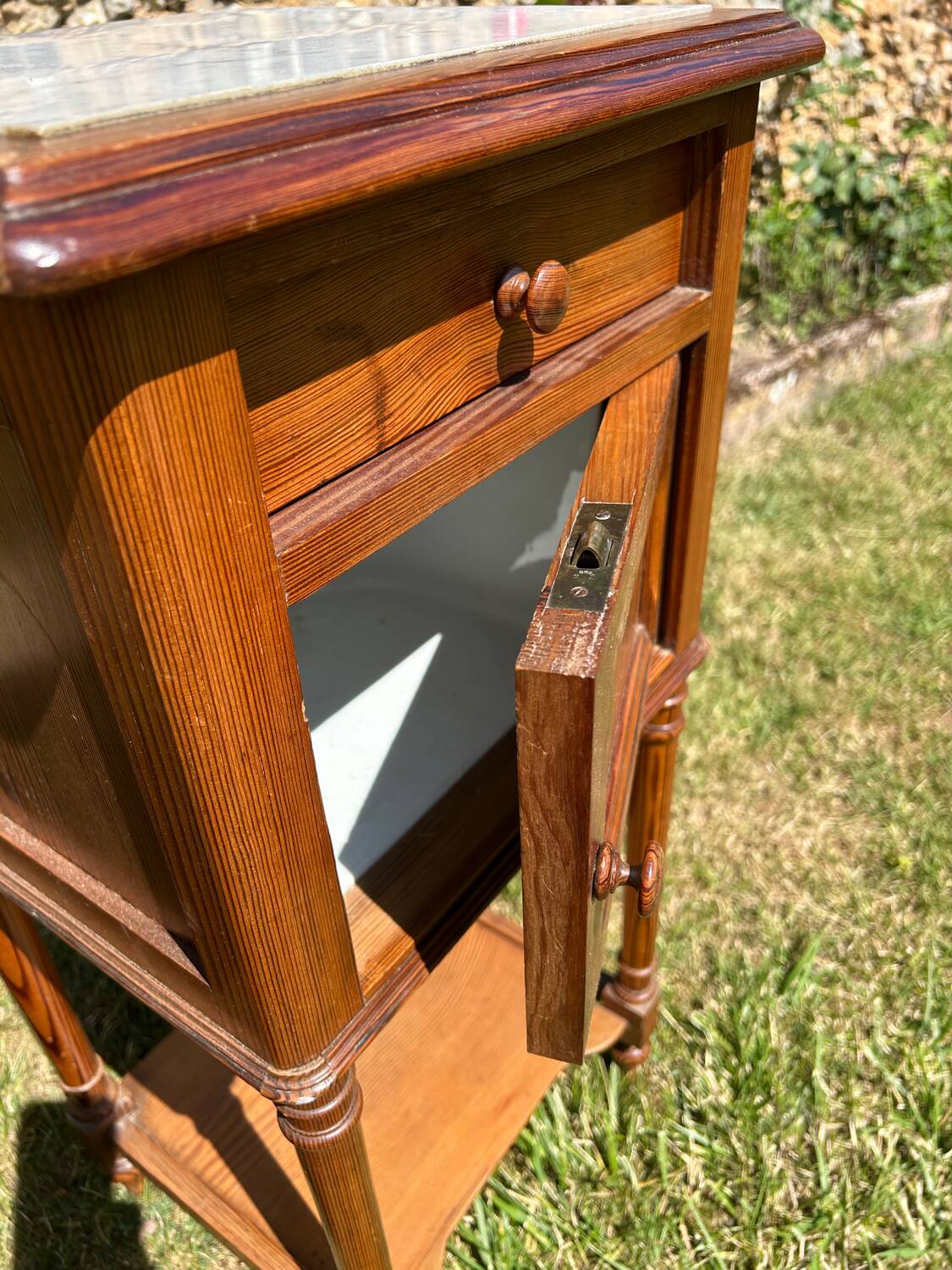 Pair of wooden and white marble bedside tables circa 1900