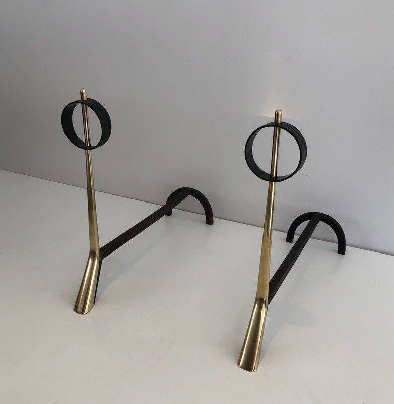 Pair of modernist bronze and wrought iron andirons